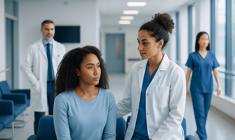 Doctor consulting a patient in a hospital corridor with staff in the background.