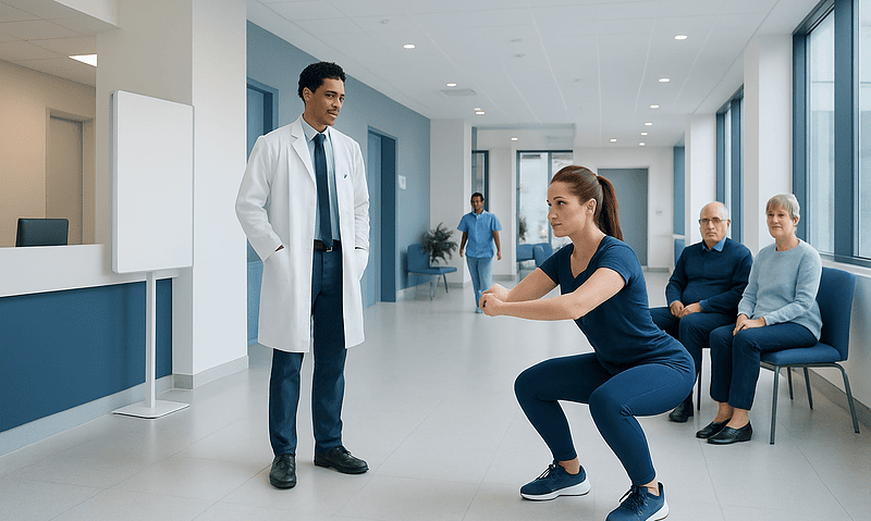 Patient doing squat exercise with doctor in hospital corridor.