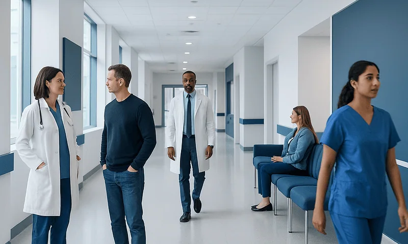 Hospital corridor with medical staff and patients in a modern healthcare facility.