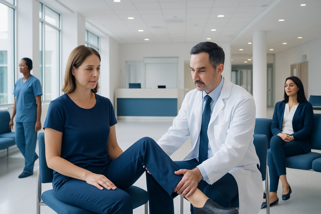 Hip External Rotation: A Complete Medical Overview 1 Doctor examining patient's knee in a hospital setting.