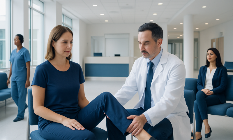 Doctor examining patient's knee in a hospital setting.