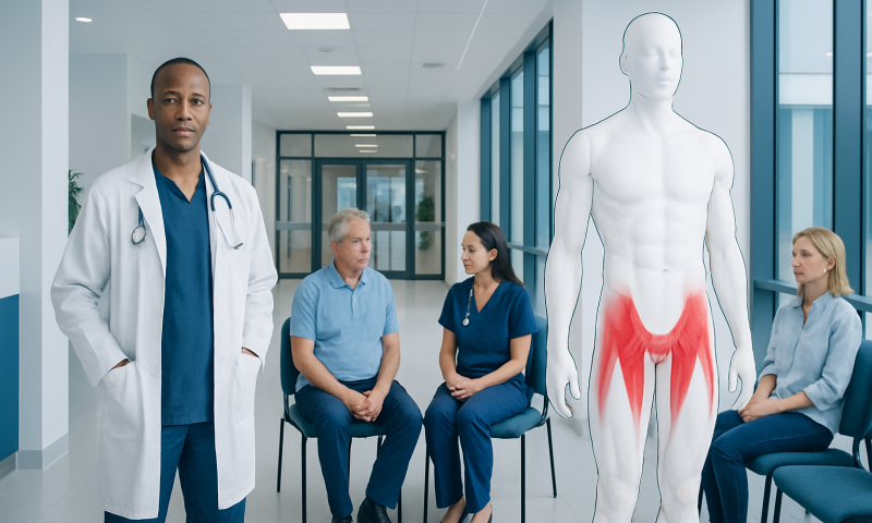 Medical consultation on hip flexors with a digital anatomy model in hospital.