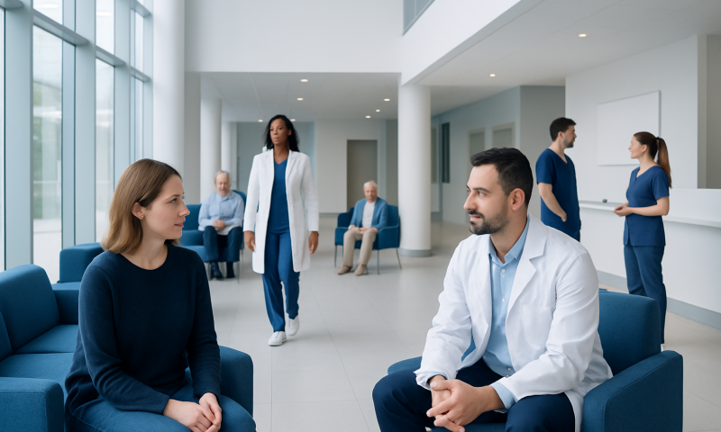 Medical consultation in a modern hospital lobby with healthcare professionals and patients.
