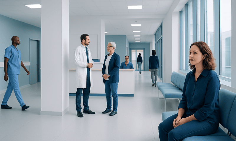 Medical professionals and patients in a modern hospital corridor.