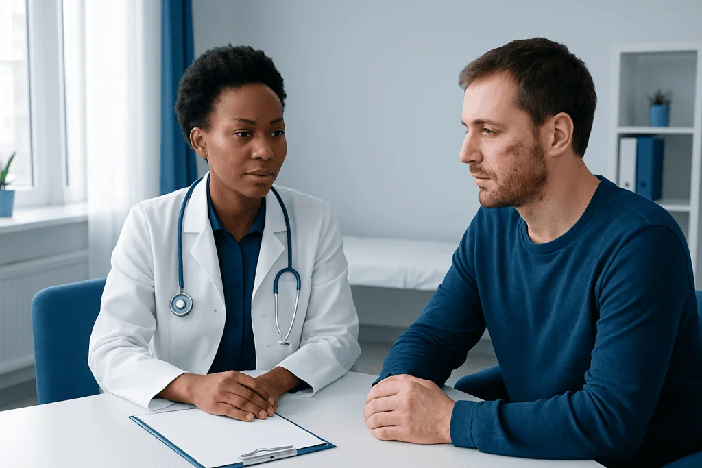 Doctor consulting with male patient in a medical office setting.