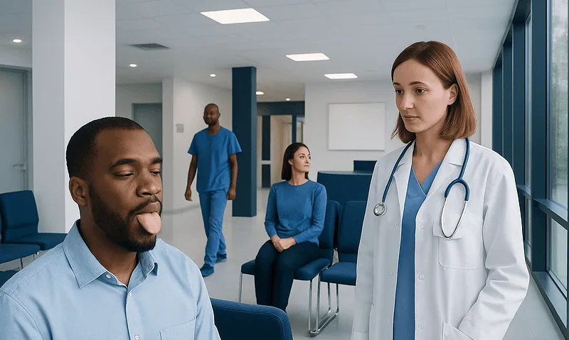 Doctor examining patient in a hospital waiting area.