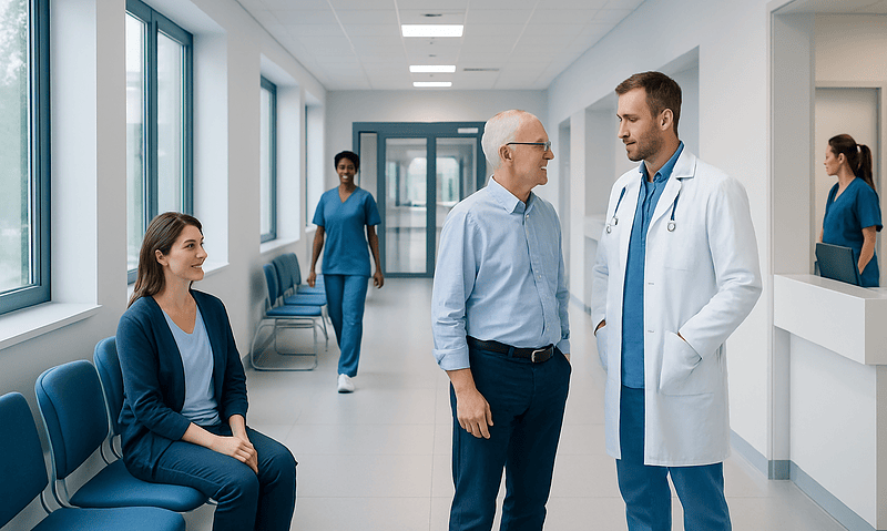 Doctors and patients in a modern hospital corridor at Acibadem Hospitals Group.