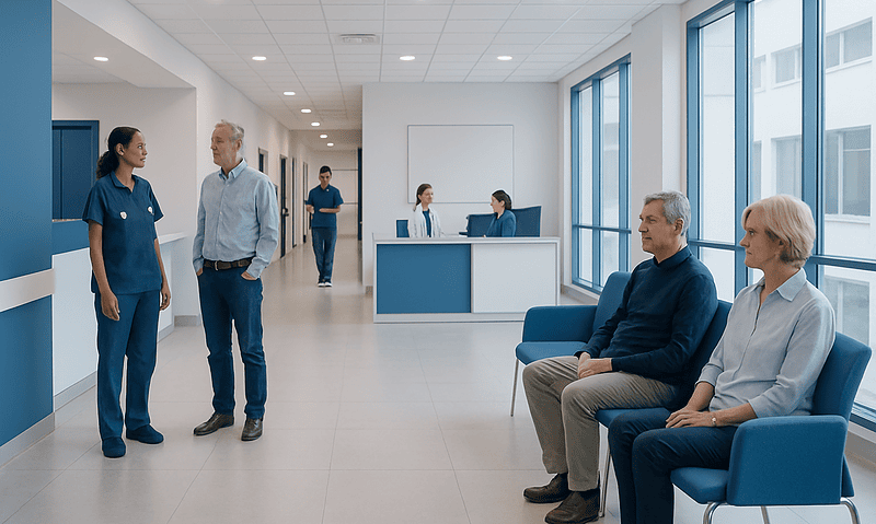 Hospital waiting area with patients and staff at Acibadem Hospitals Group.
