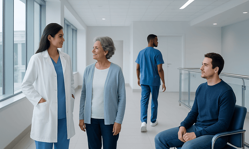 Healthcare professionals and patient in a modern hospital corridor.