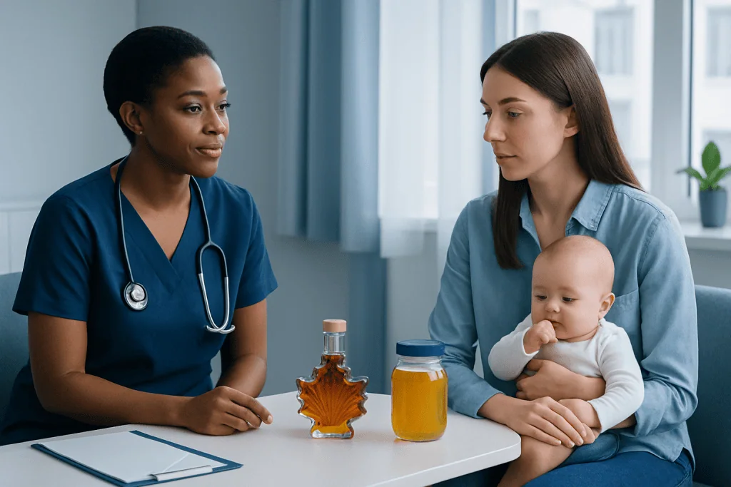 Doctor consulting mother and baby in a medical office setting.