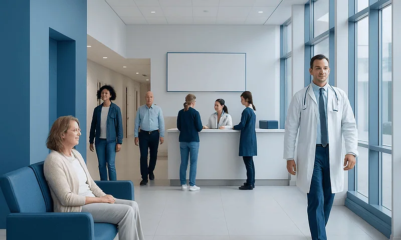 Modern hospital lobby with medical staff and patient seating area.
