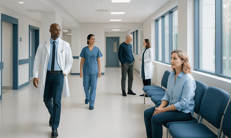 Medical professionals and patient in hospital corridor at Acibadem Hospitals Group.