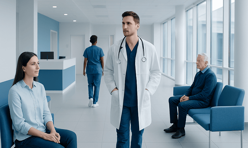 Medical consultation in a modern hospital corridor with doctors and patients.