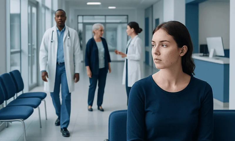 Young woman waiting in hospital corridor with medical staff in background.