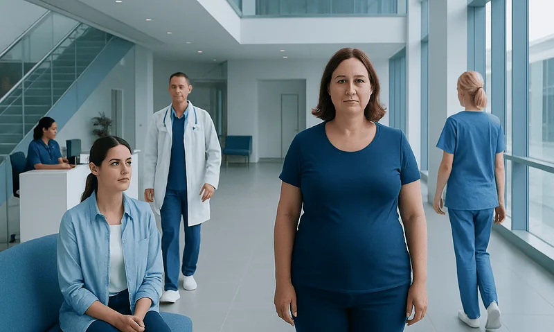 Medical professionals and patient in modern hospital lobby with large windows.