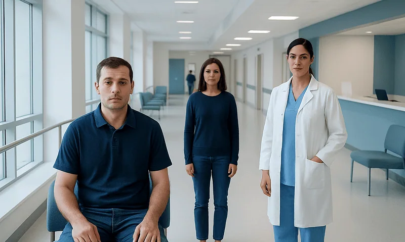 Medical professionals and patient in hospital corridor at Acibadem Hospitals Group.
