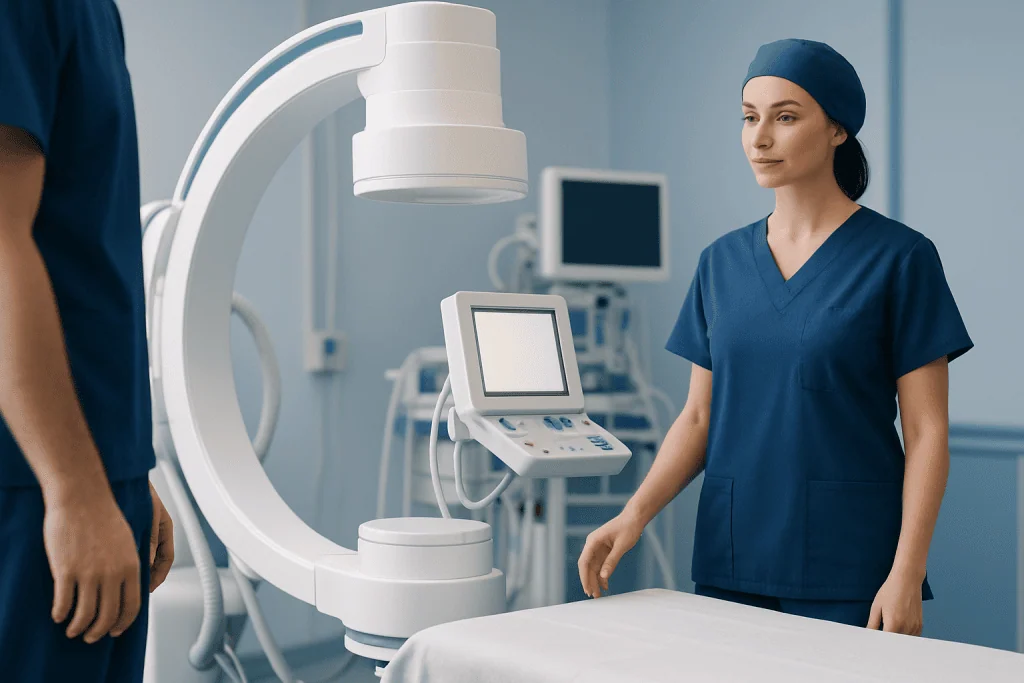 Medical professional in scrubs operating advanced imaging equipment in hospital.