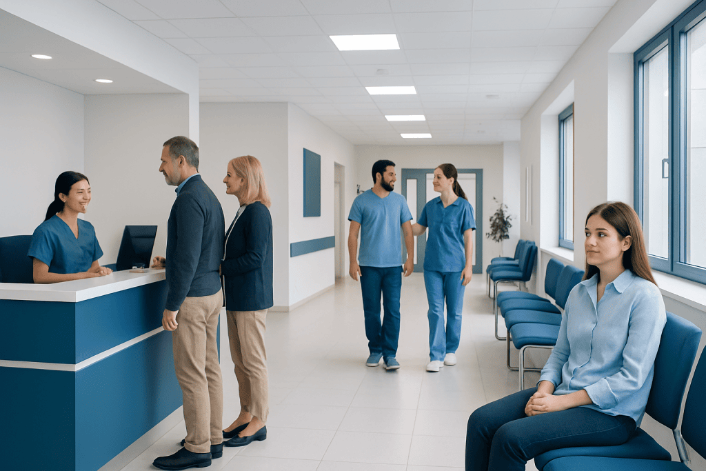 How to Prepare for Hospital Admission in Turkey 1 Patients and staff in a modern hospital reception area at Acibadem Hospitals Group.