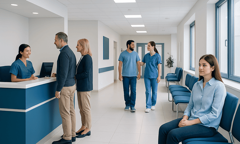 Patients and staff in a modern hospital reception area at Acibadem Hospitals Group.