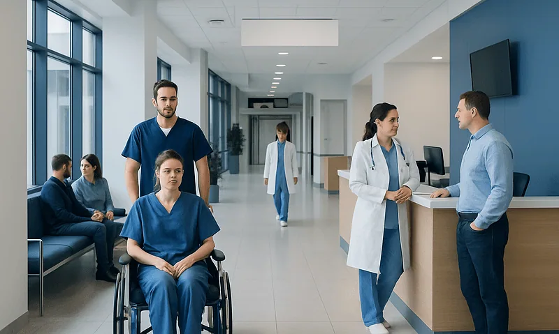 Hospital check-in area with staff and patients at Acibadem Hospitals Group.