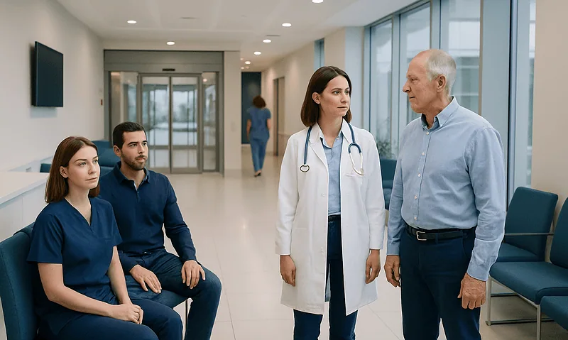 Hospital staff and patient in a modern hospital corridor.