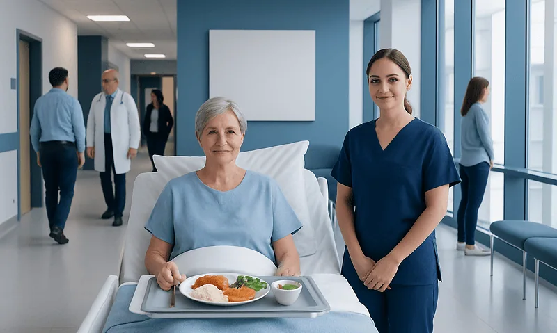 Meals in Turkish Hospitals: What International Patients Can Expect 5 Elderly patient in hospital bed with nurse and medical staff in background.