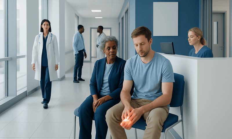 Patient with foot pain consulting in hospital corridor with medical staff nearby.