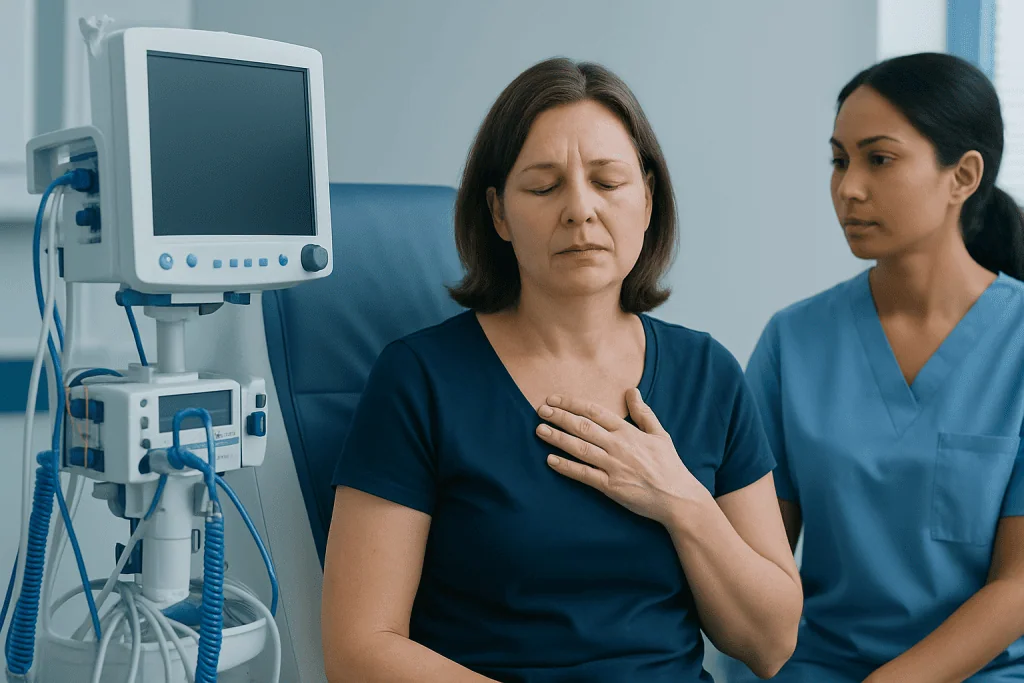 Woman experiencing chest pain in a hospital setting with medical staff nearby.