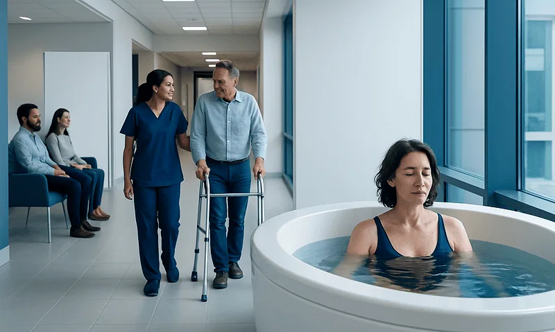 Patient in hydrotherapy tub at Acibadem Hospital with medical staff nearby.