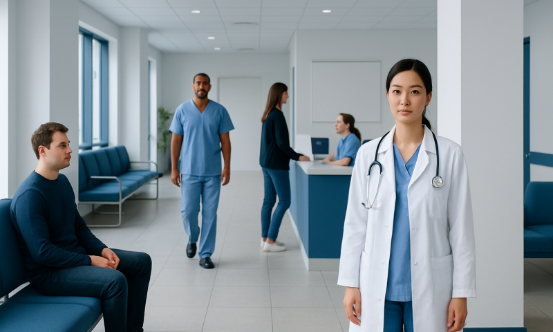 Medical professionals and patients in a modern hospital waiting area.