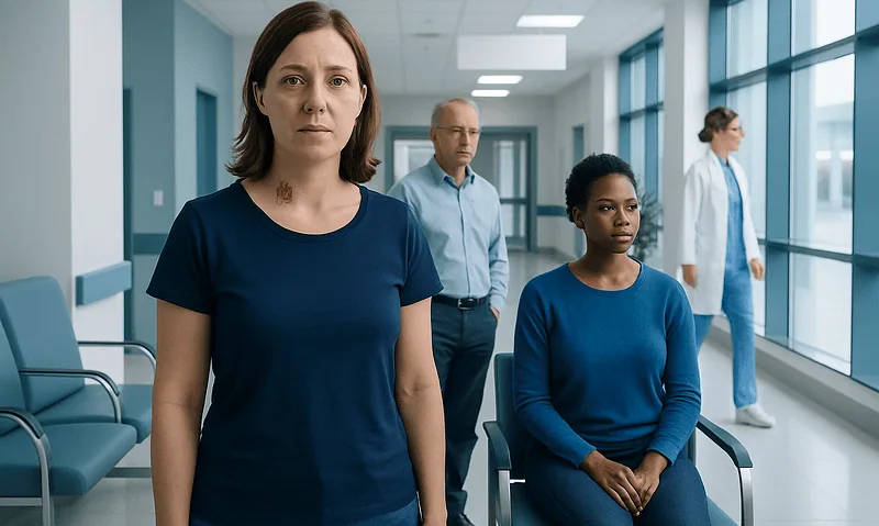 Patients waiting in a hospital corridor with medical staff in the background.