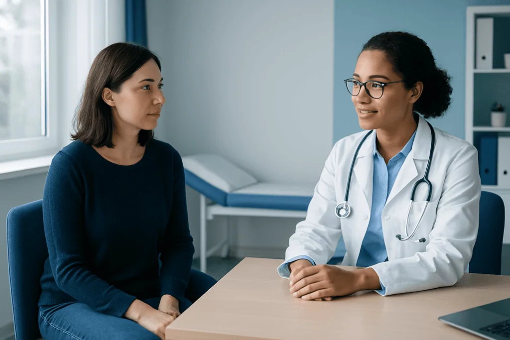 Doctor consulting with patient in a medical office setting.