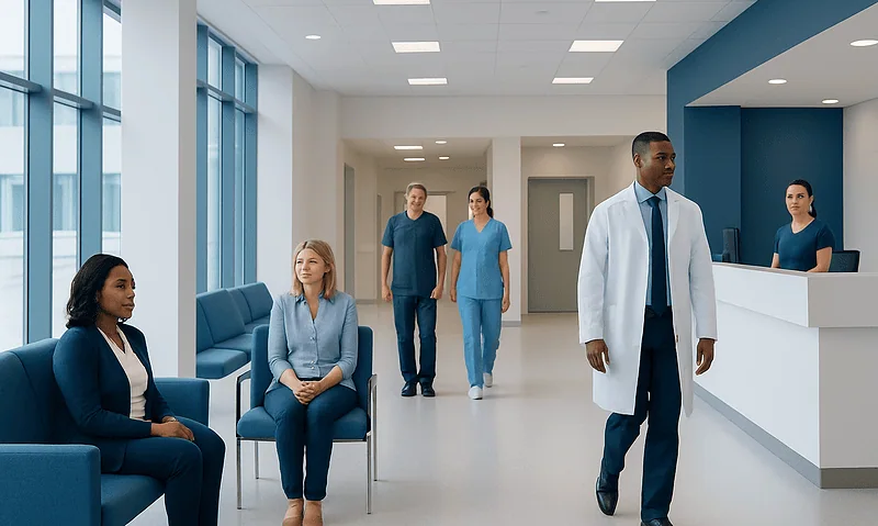 Hospital waiting area with medical staff and patients at Acibadem Hospitals Group.