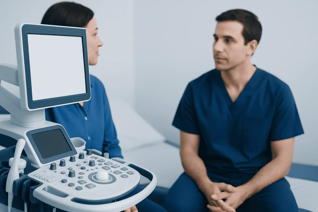 Doctor consulting patient with ultrasound machine in hospital setting.