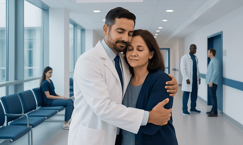 Hug Hugging: A Complete Medical Overview 6 Compassionate doctor hugging a patient in a hospital corridor.