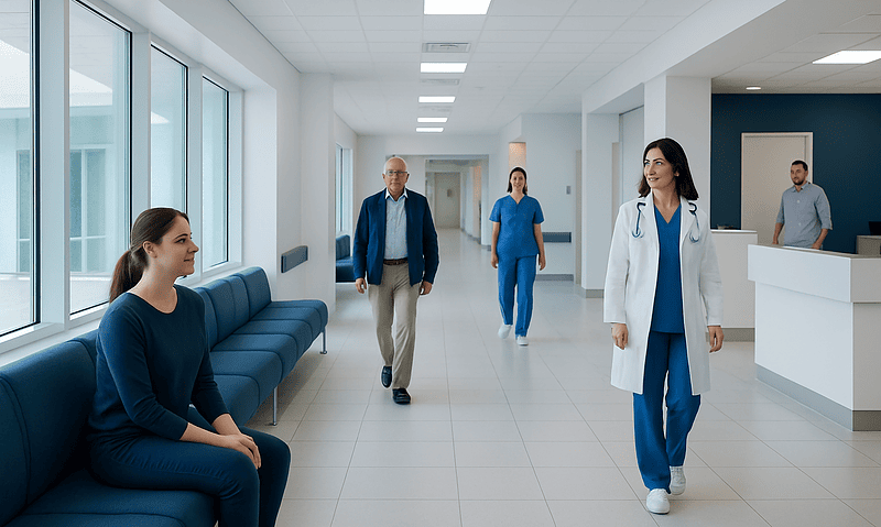 Modern hospital corridor with medical staff and patient seating area.