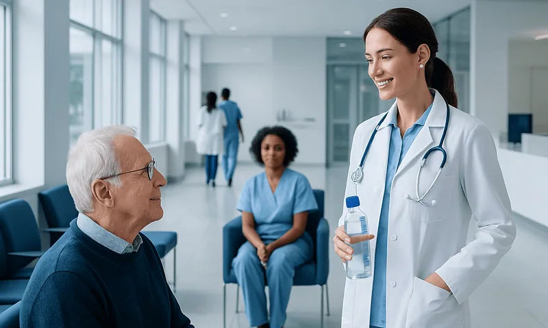 Smiling female doctor talking to senior male patient in hospital corridor.