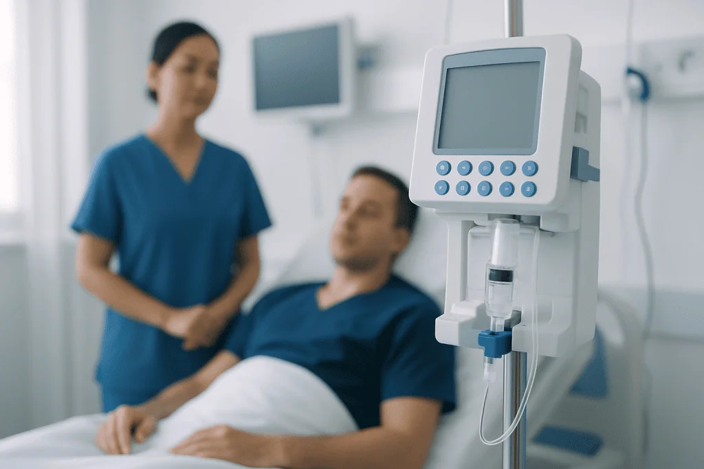 Hospital patient receiving care with medical monitor in background.