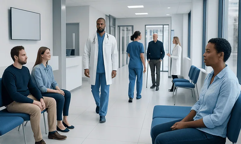 Medical consultation in a modern hospital waiting area with healthcare professionals and patients.