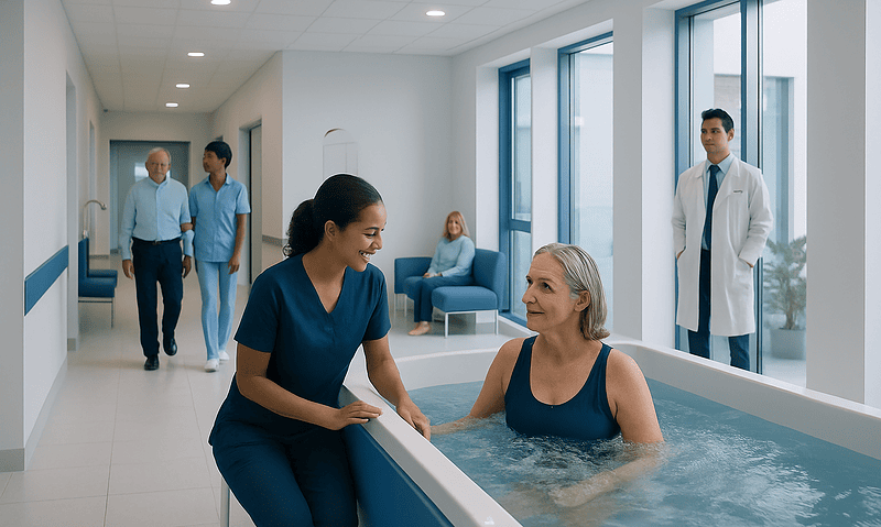 Patient receiving hydrotherapy treatment at Acibadem Hospital with medical staff present.