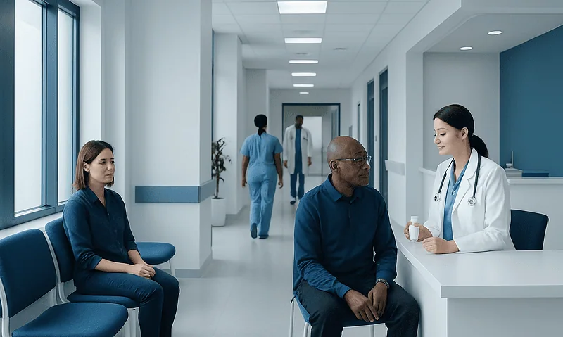 Doctor consulting with patient in hospital corridor with waiting area.