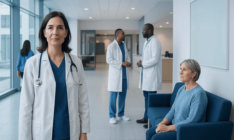Medical team consulting with a patient in a modern hospital corridor.