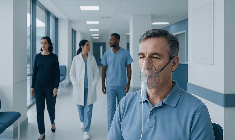 Patient with oxygen mask in hospital corridor at Acibadem Hospitals Group.