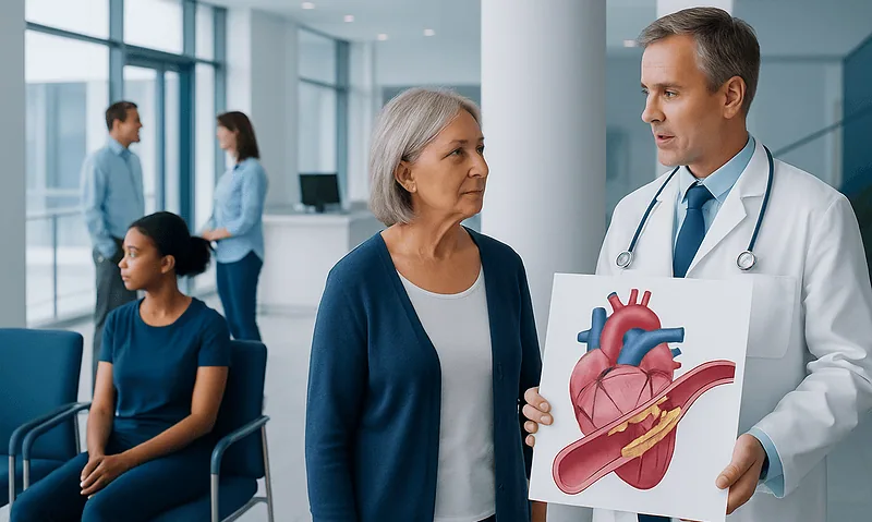 Doctor explaining heart anatomy to a patient in a hospital waiting area.