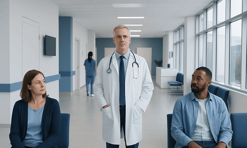 Doctor with two patients in a hospital corridor.
