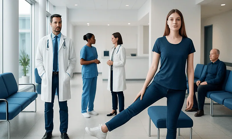 Patient performing leg stretch in hospital corridor with medical staff nearby.