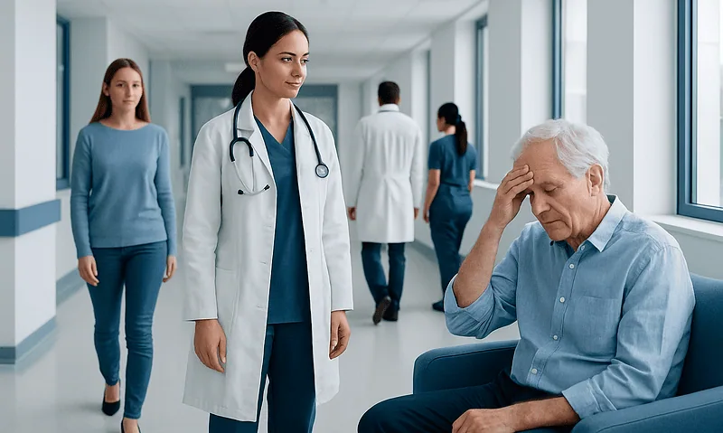 Doctor consulting an elderly patient in hospital corridor.