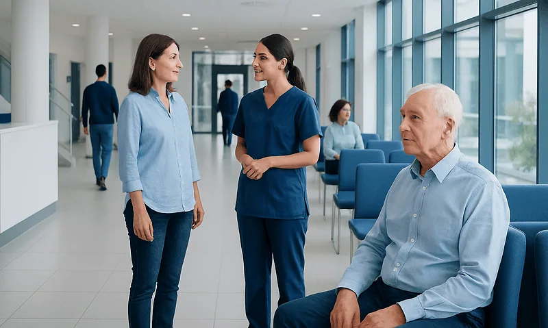 Patients and nurse in a modern hospital corridor.