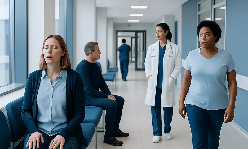 Patients waiting in a hospital corridor with medical staff nearby.
