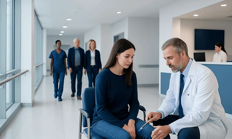 Doctor consulting with a patient in a hospital corridor at Acibadem Hospitals Group.